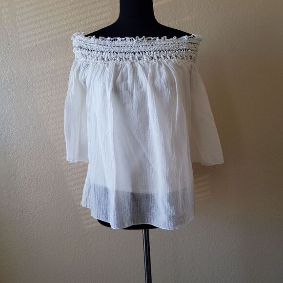 Bailey 44 Bareback Off Shoulder Embroidered Crochet Gauze Top Size M White - Picture 4 of 10